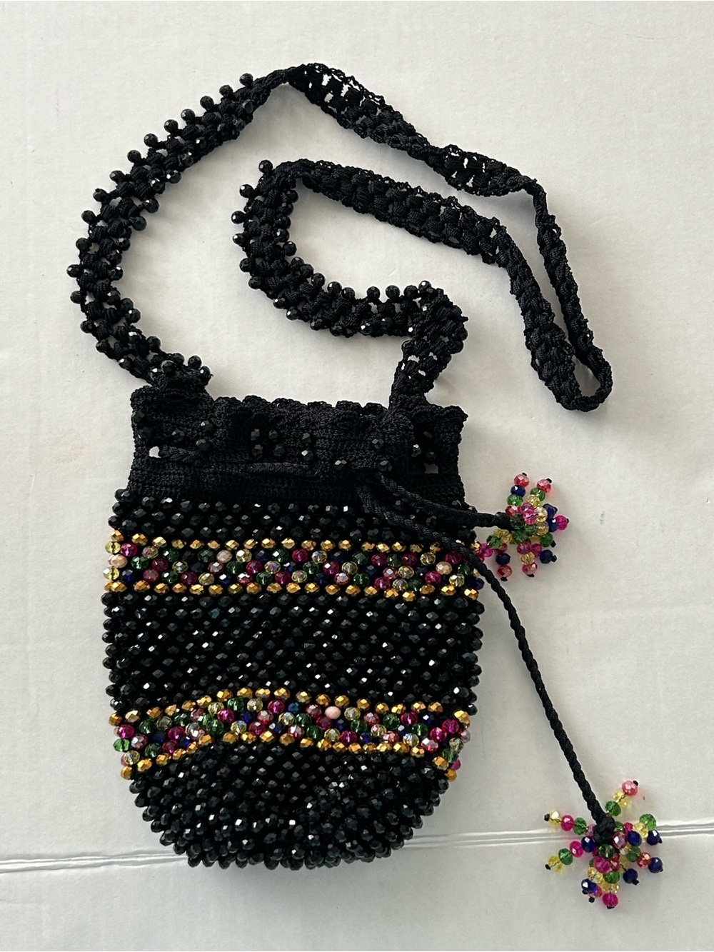 Black Beaded Crossbody Drawstring Bag with drawstring Closure Multicolor Accents